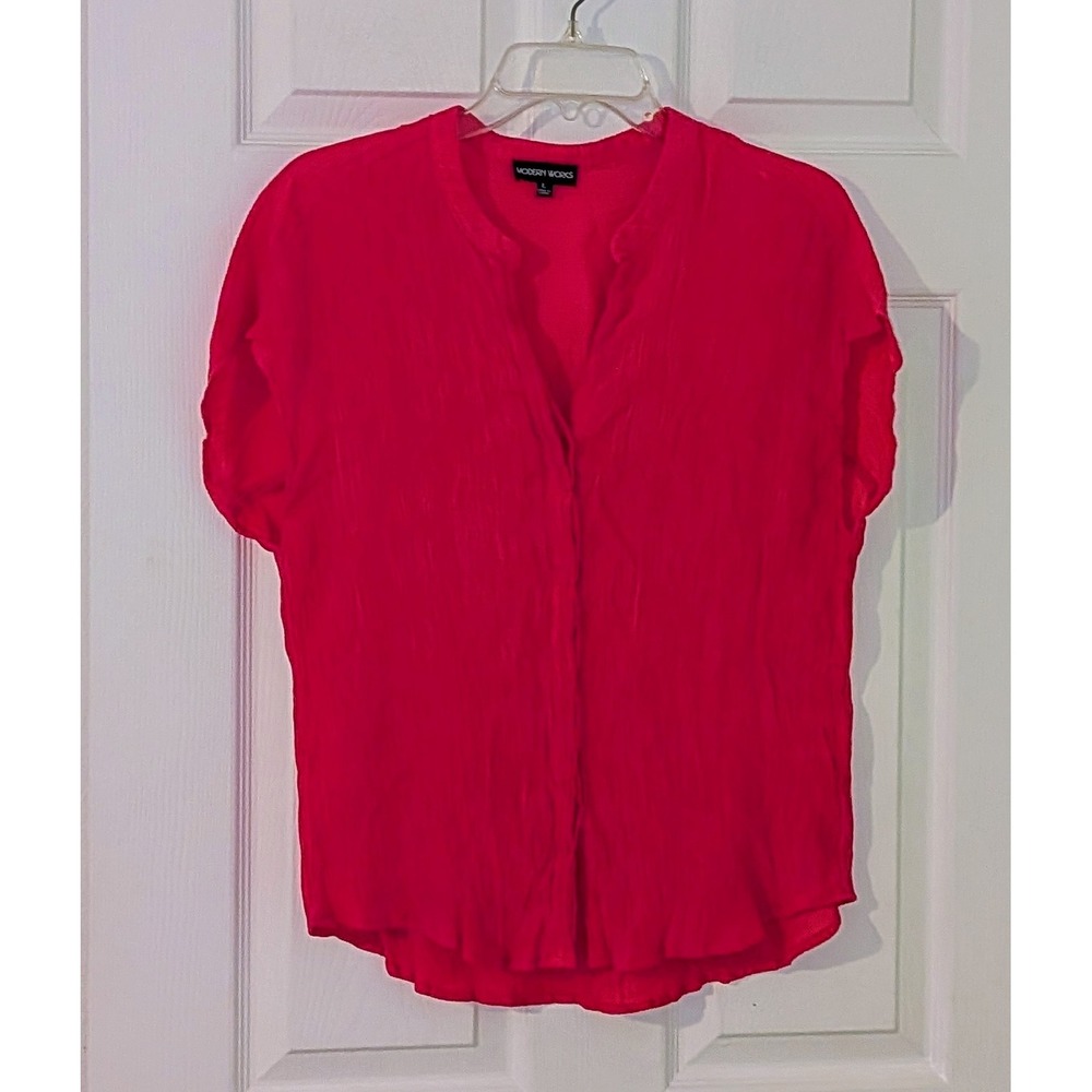 Modern Works Pink Blouse Top Womens L Mandarin‎ Collar Textured Rayon Blend